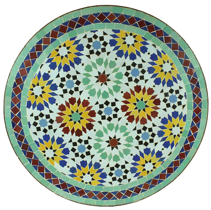 Bistrotisch Rund 60 cm mit mehrfarbigem Zellige-Mosaik in Gelb, Bordeaux, Türkis und Blau – handgefertigt aus Marokko