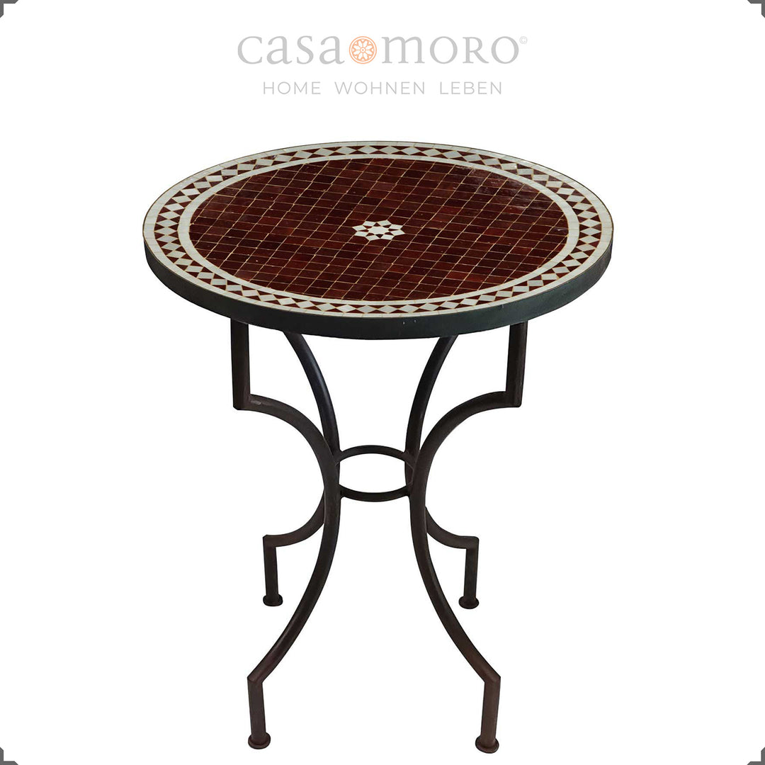 Gartentisch Ø 60 cm mit Zellige-Mosaik in Bordeaux, Bistrotisch mit Metallgestell