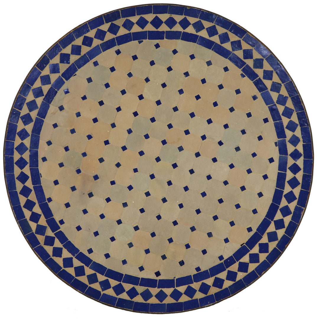 Gartentisch Rund 100 cm mit Zellige-Mosaik in Blau-Terracotta, handgefertigt in Marokko