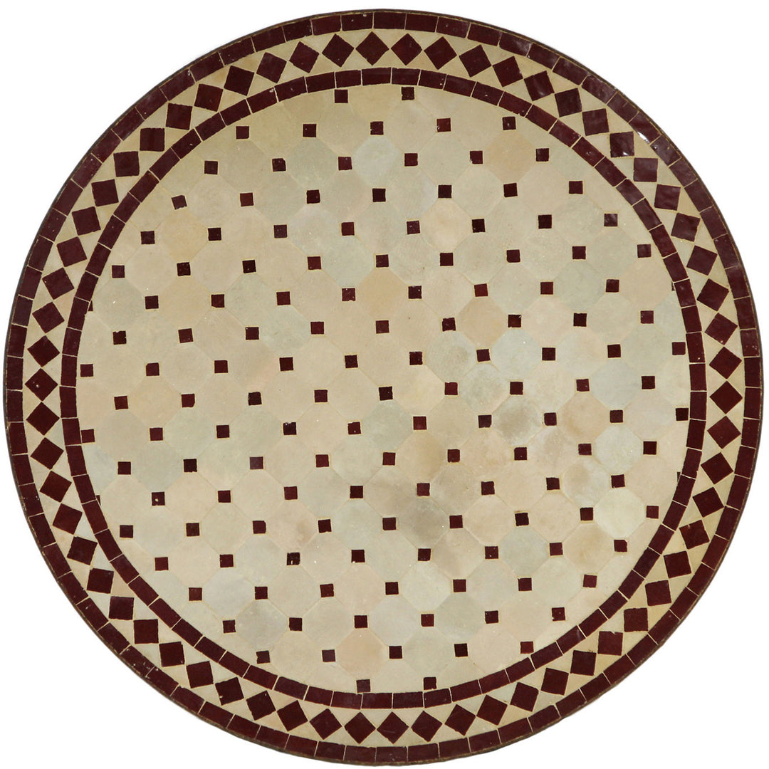 Terrassentisch Rund 100 cm mit Mosaikplatte aus Zellige-Fliesen in Bordeaux und Terracotta