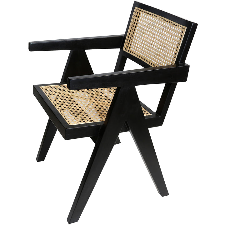 chwarzer Armlehnstuhl mit Wiener Geflecht, kontrastreiches Design aus Teakholz und Rattan für Esszimmer oder Büro