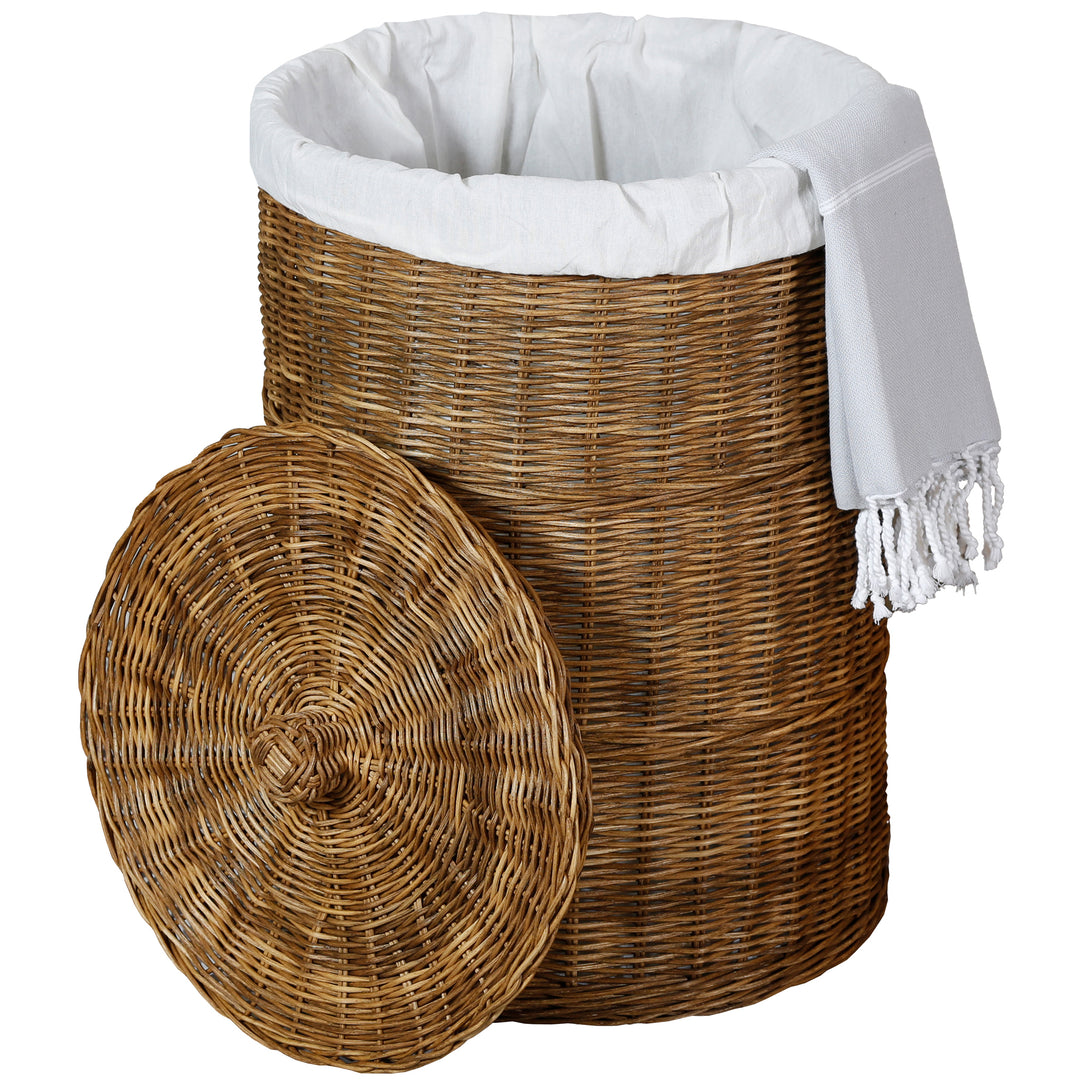 Dunkelbrauner Rattan-Aufbewahrungskorb mit abnehmbarem Deckel und weißem Baumwolleinsatz