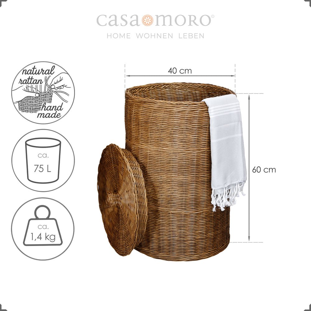 Handgeflochtener Wäschekorb aus dunklem Natur-Rattan, 60 cm hoch, mit 75 L Volumen und weißem Tuch