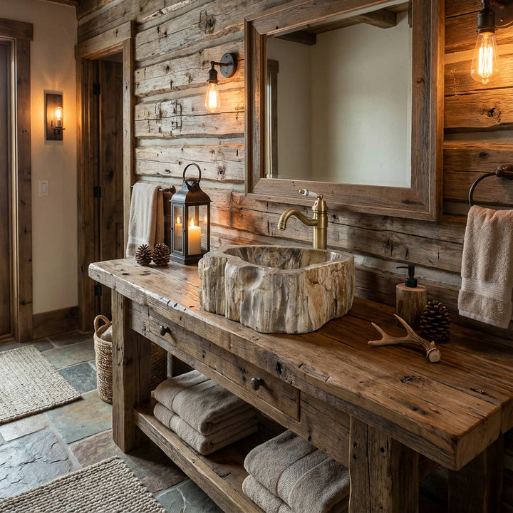 Fossiles Holz Waschbecken als rustikales Aufsatzbecken auf Massivholztisch, stimmungsvolles Chalet-Badezimmer mit warmer Beleuchtung.