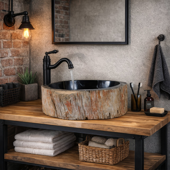 Aufsatzwaschbecken aus fossilem Holz mit dunkler Innenfläche, rundes Steinwaschbecken auf Holz-Metall-Konsole im Industrial-Badezimmer mit schwarzer Armatur.