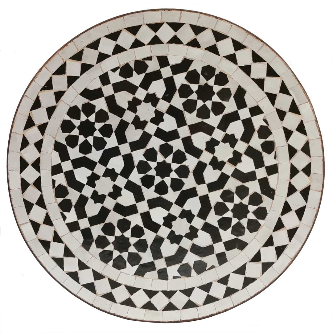 Gartentisch Klein Rund 45 cm mit schwarz-weißem Zellige-Mosaik und Schmiedeeisengestell