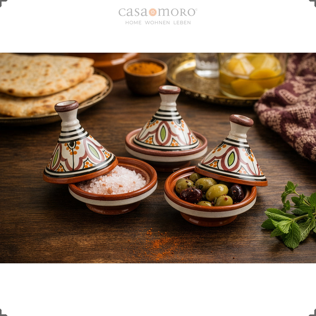 Gewürz Tajine aus Ton im 3er Set, handbemalte Keramik zum Servieren von Salz, Oliven und Gewürzen