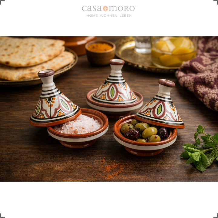 Gewürz Tajine aus Ton im 3er Set, handbemalte Keramik zum Servieren von Salz, Oliven und Gewürzen