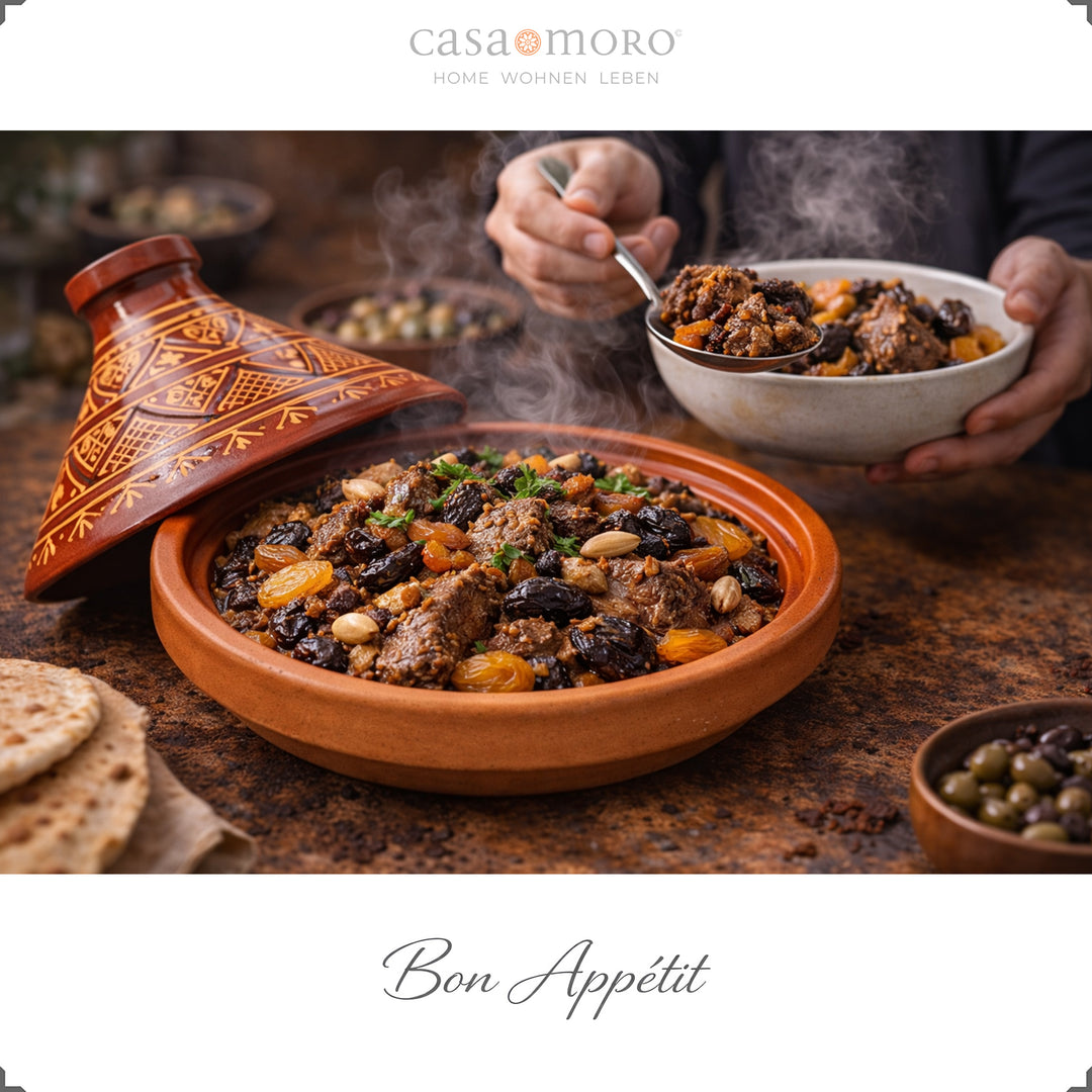 Glasierte marokkanische Tagine mit Henna-Dekor, als Gartopf für Lamm mit aromatischer Gewürzmischung
