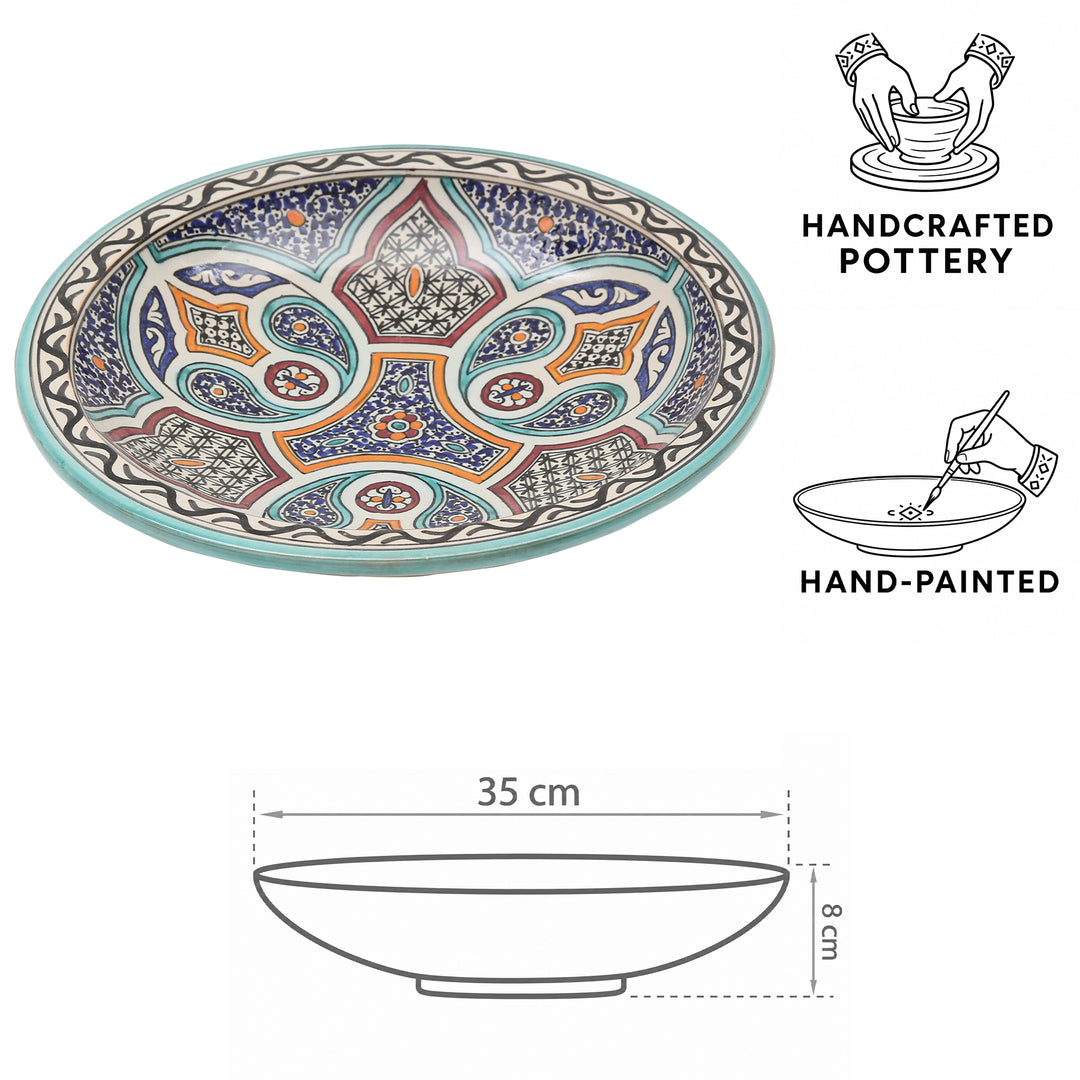 Handbemalte und handgetöpferte marokkanische Keramikschale aus Fès mit bunten floralen und geometrischen Ornamenten, Ø 35 cm und 8 cm hoch