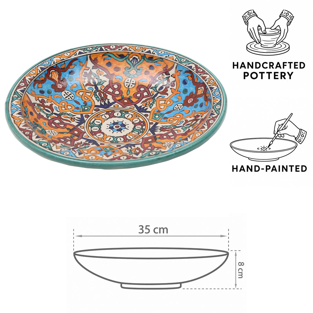 Handbemalte marokkanische Keramikschale aus Fès mit floralen und geometrischen Ornamenten, Ø 35 cm und 8 cm hoch