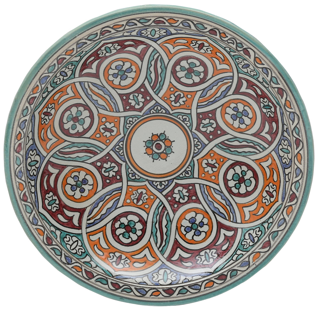 Marokkanische Keramikschale aus Fès mit buntem Flechtornament, Ø 35 cm