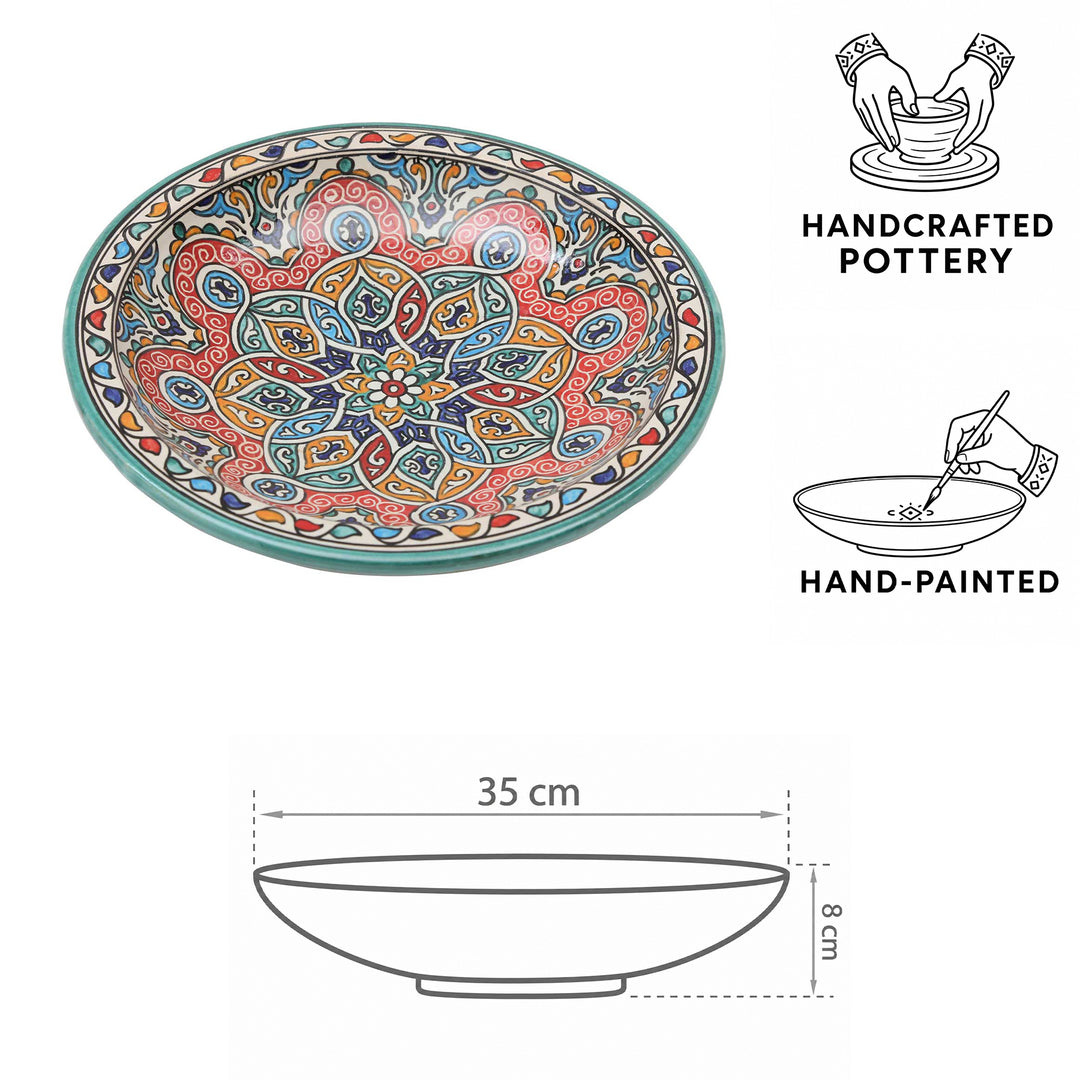 Handbemalte Keramikschale mit Ornamenten in Türkis, Rot, Orange und Blau - 35 cm Durchmesser