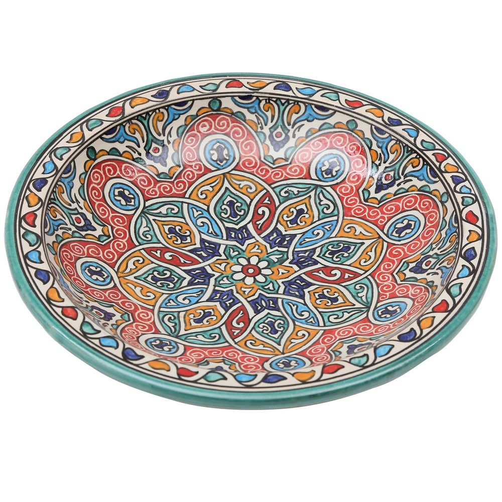 Handbemalte Keramikschale aus Marokko mit Ornamenten in Türkis, Rot, Orange und Blau