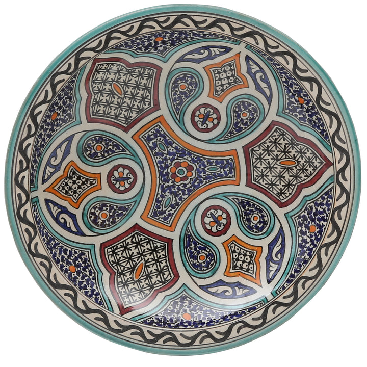 Marokkanische Keramikschale aus Fès – Türkis-Orange – Ø 35 cm
