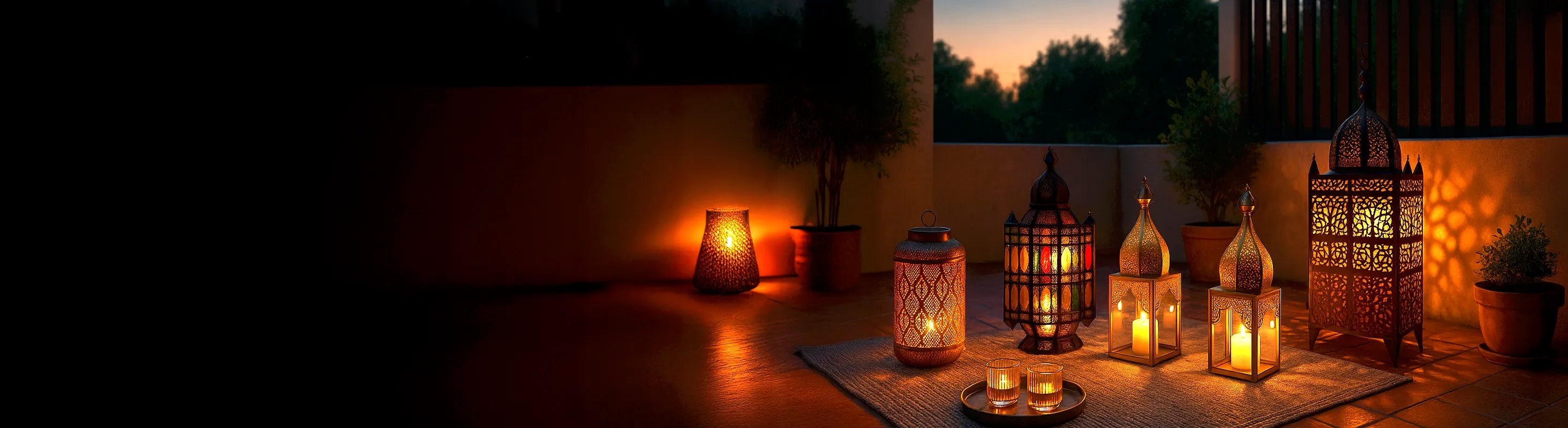 Laternen – Orientalische Laternen mit Kerzen auf Terrasse bei Sonnenuntergang – stimmungsvolle Außenbeleuchtung für Garten und Balkon