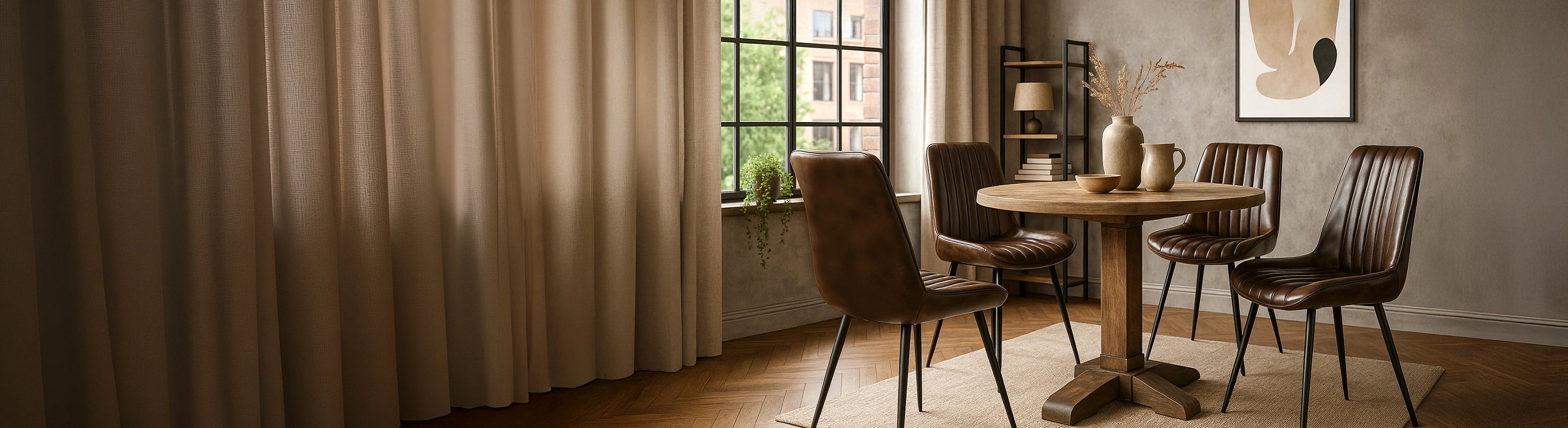 Lederstühle – lederstuehle aus braunem leder am runden esstisch im wohnzimmer – esszimmerstuehle mit metallgestell in modernem wohnraum