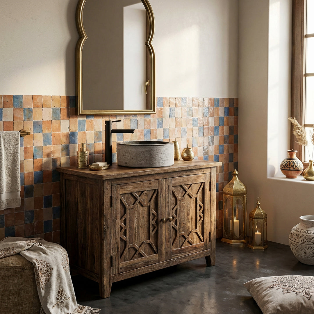 Rundes Aufsatzwaschbecken aus Stein auf Holzunterschrank, orientalisch inszeniert mit Mosaikfliesen und Laternen.