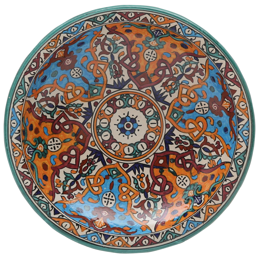 Marokkanische Keramikschale aus Fès, handbemalt in Türkis und Orange, Ø 35 cm