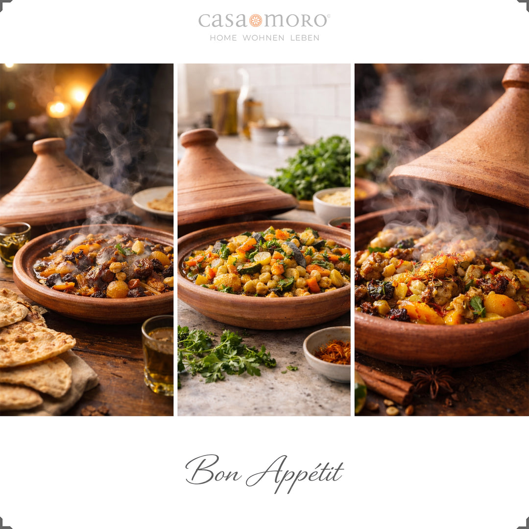 Marokkanische Tajine 25 cm beim Kochen, aromatische Gewürzmischung für Lamm, Fisch oder vegetarisch