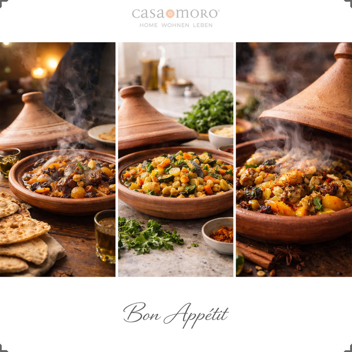 Marokkanische Tajine 25 cm beim Kochen, aromatische Gewürzmischung für Lamm, Fisch oder vegetarisch