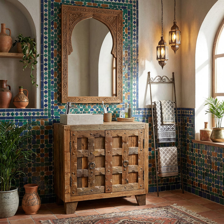 Eckiges Aufsatzwaschbecken aus hellem Naturstein auf Holzunterschrank im orientalischen Bad mit Mosaikfliesen