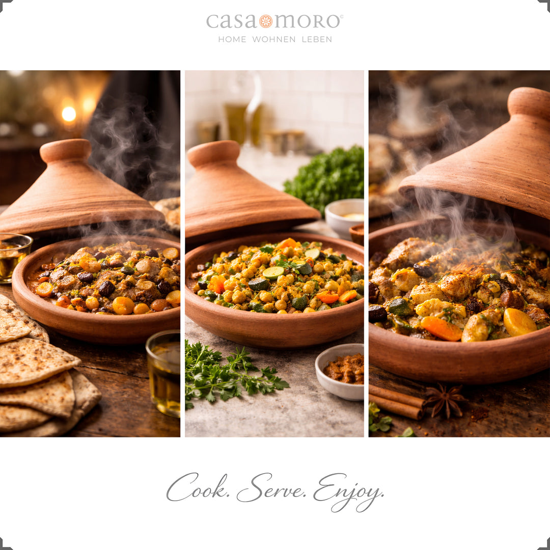 Tajine aus Marokko 25 cm mit Lamm, Hähnchen und vegetarischer Variante, aromatisch gewürzt