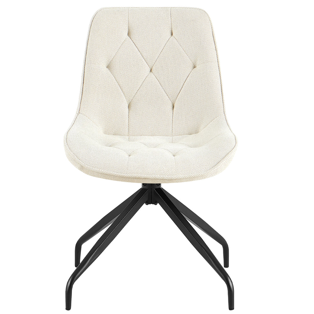 Frontansicht des Polsterstuhls 360° drehbar in Beige mit schwarzem Metallgestell – eleganter Esszimmerstuhl mit Rautensteppung und ergonomischer Sitzform