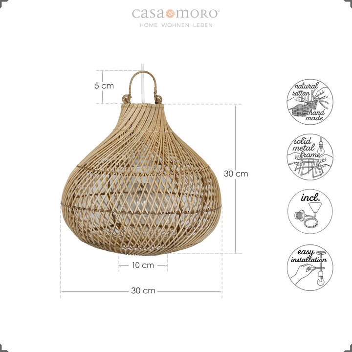 Maßzeichnung der handgefertigten Rattan Deckenlampe mit Icons zu Material, Montage und Zubehör