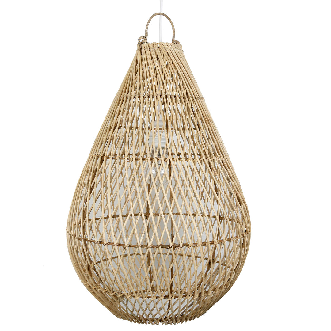 Lampenschirm aus Rattan in Tropfenform mit feinem Flechtmuster und natürlicher Farbe