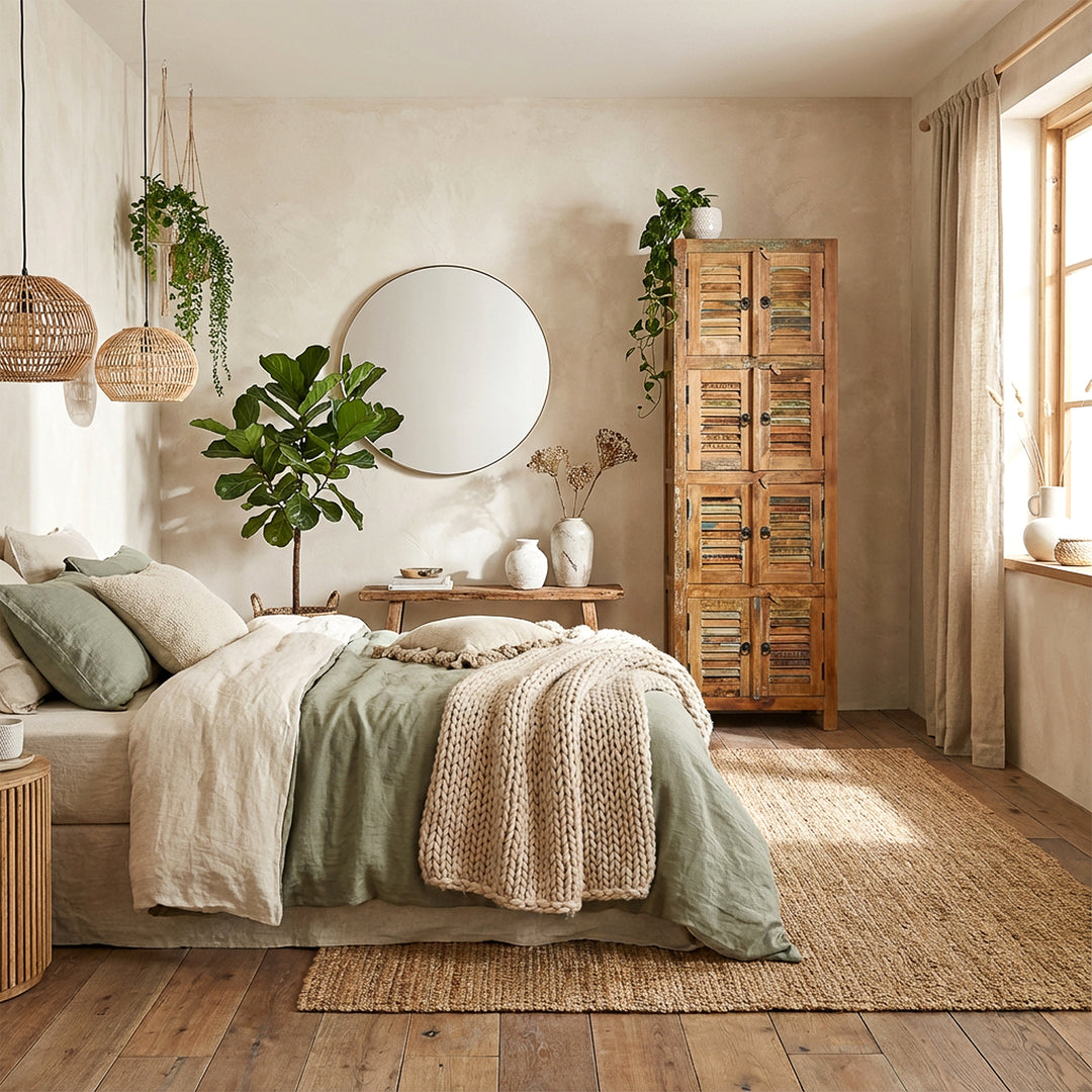Schrank aus Massivholz und Altholz im Vintage-Stil, im Schlafzimmer platziert