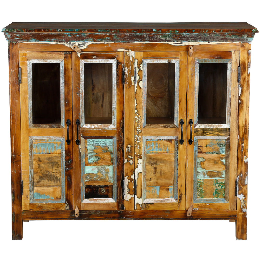 Sideboard aus Altholz mit vier Glastüren, ideal als Stauraum im Wohnzimmer oder Essbereich
