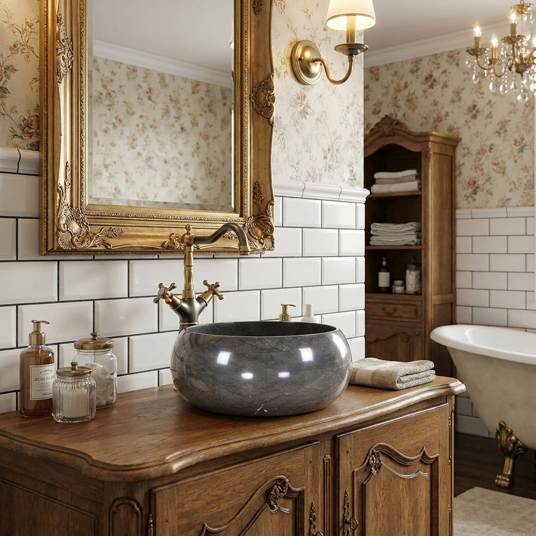 Rundes Steinwaschbecken aus Marmor auf klassischem Holzwaschtisch im eleganten Badezimmer mit goldfarbener Armatur und Spiegel