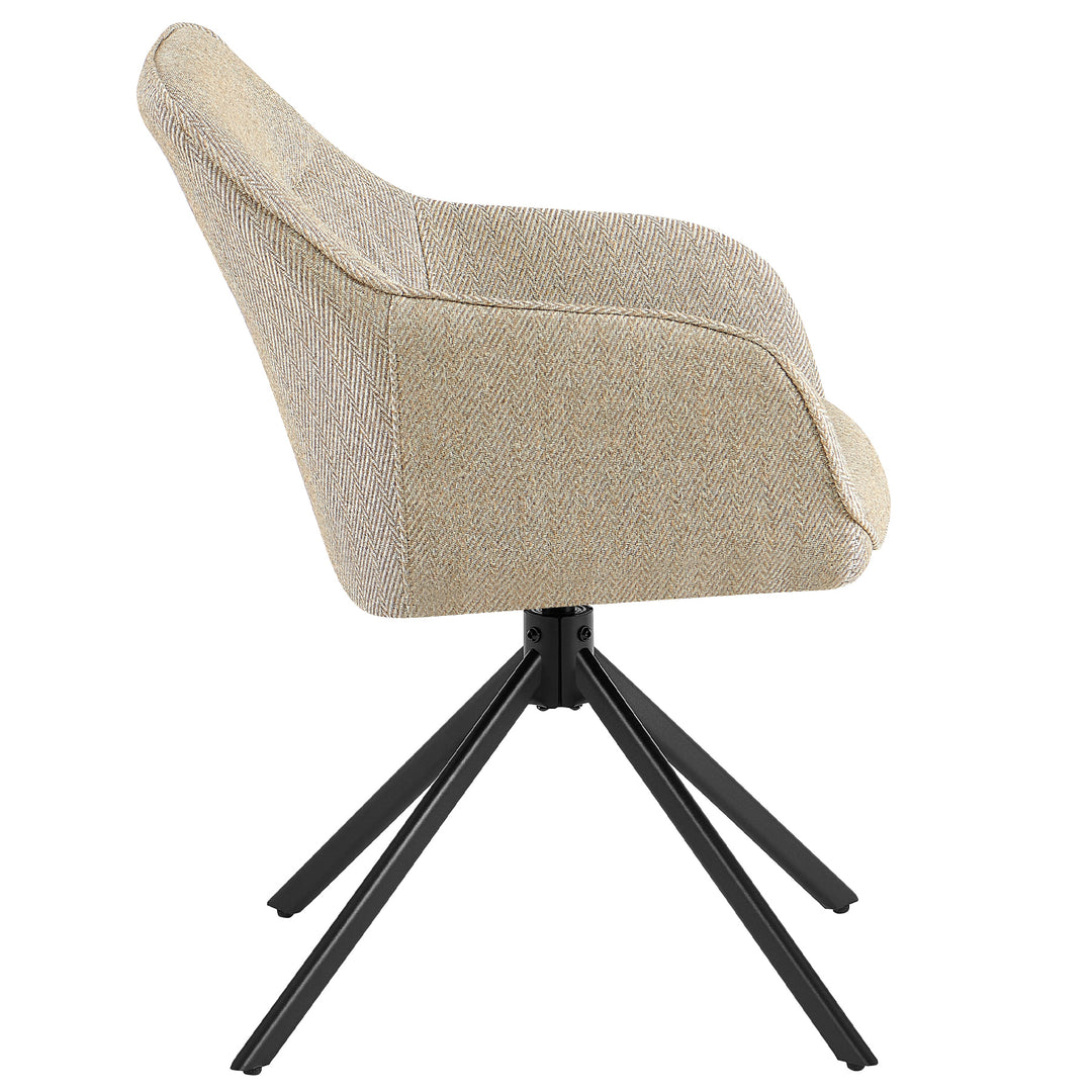 Seitenansicht eines 360° drehbaren Polsterstuhls mit Armlehnen in Beige, gepolstertem Strukturstoff und stabilem schwarzem Metallgestell