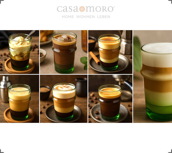 Gläser gefüllt mit Kaffee-Kreationen – vom Macchiato bis zum Dalgona, in grünem Glas serviert