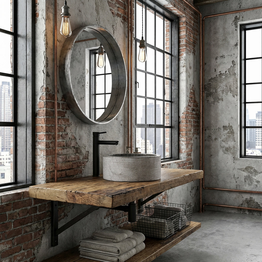Rundes Waschbecken in Marmoroptik auf rustikaler Holzkonsole, inszeniert in urbanem Industrial-Badezimmer mit Loft-Charakter.