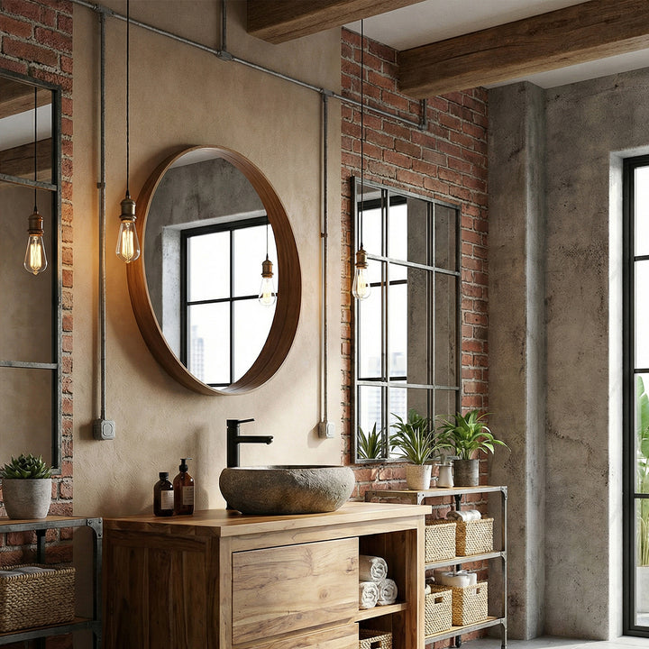 Stein-Waschbecken in modernem Loftbad auf Holzwaschtisch, kombiniert mit schwarzer Armatur und industriellem Ambiente
