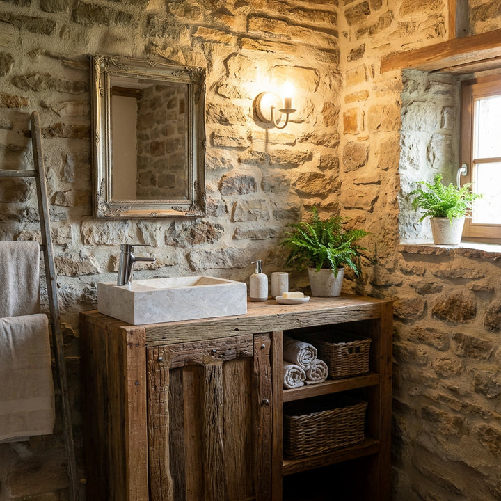 Eckiges Waschbecken aus hellem Naturstein auf rustikalem Holzwaschtisch in steinernem Landhausbad mit Fensterlicht