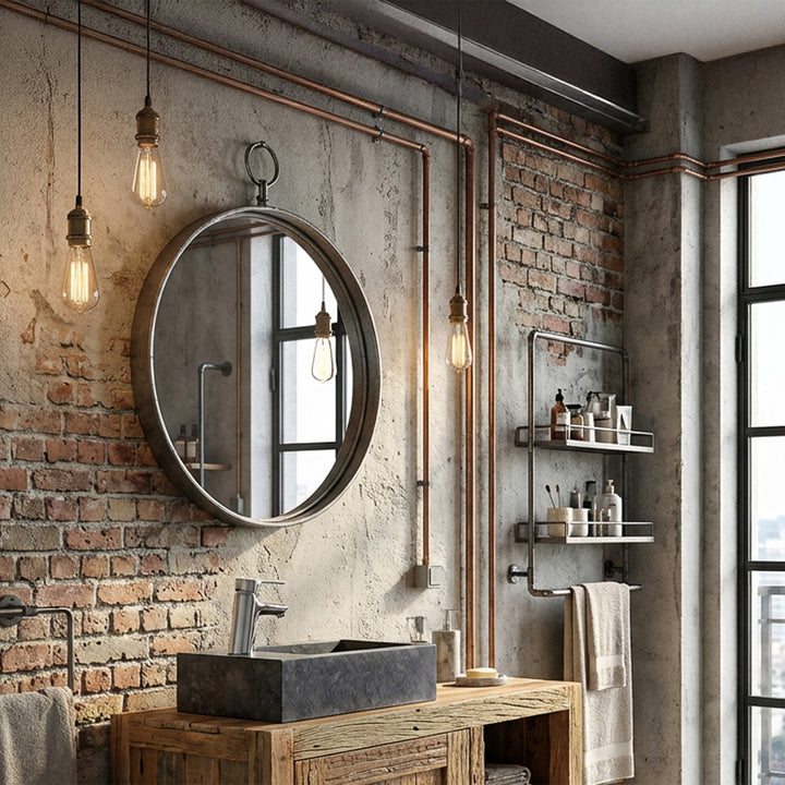 Eckiges Waschbecken aus Stein auf Holzwaschtisch im industriellen Loft-Badezimmer, kombiniert mit verchromter Armatur, Backsteinwand, sichtbaren Kupferrohren und warmem Licht