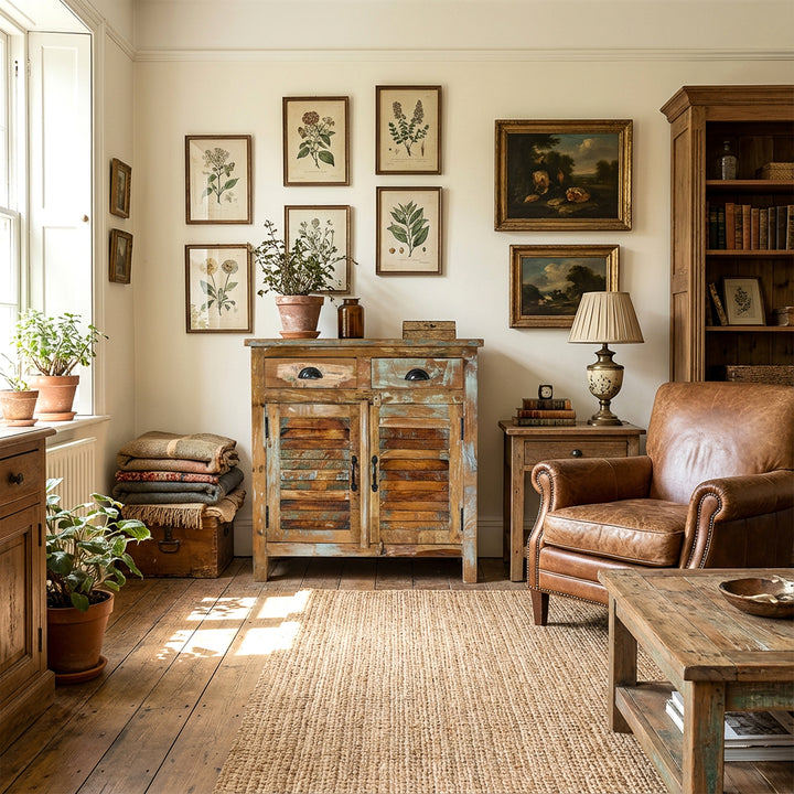 Highboard aus massivem Holz im Wohnzimmer, natürliche Materialien, ruhige Vintage Wohnszene mit Tageslicht